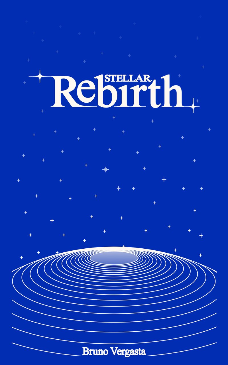 La couverture de Stellar Rebirth : le titre en lettres crème sur un aplat outremer, un ciel d’étoiles à quatre branches, et une spirale d’ellipses en bas de page.